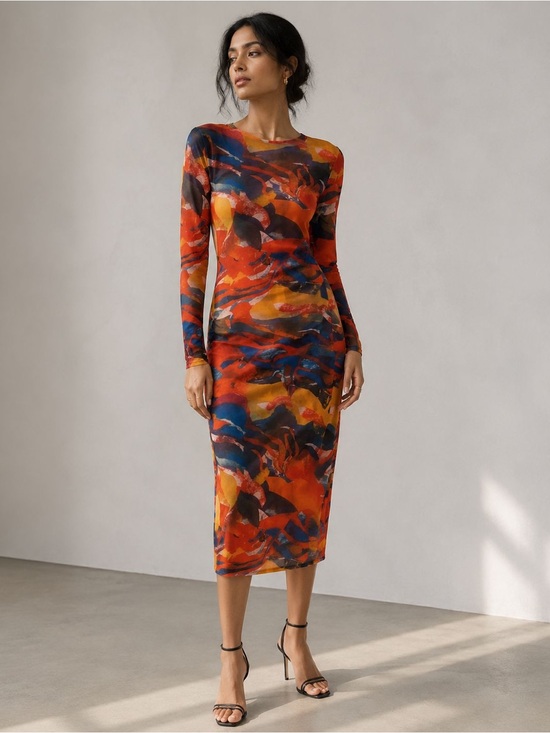 Dresses & Skirts - Abstract Print Mesh Long Sleeve Bodycon Midi Dress - Size M